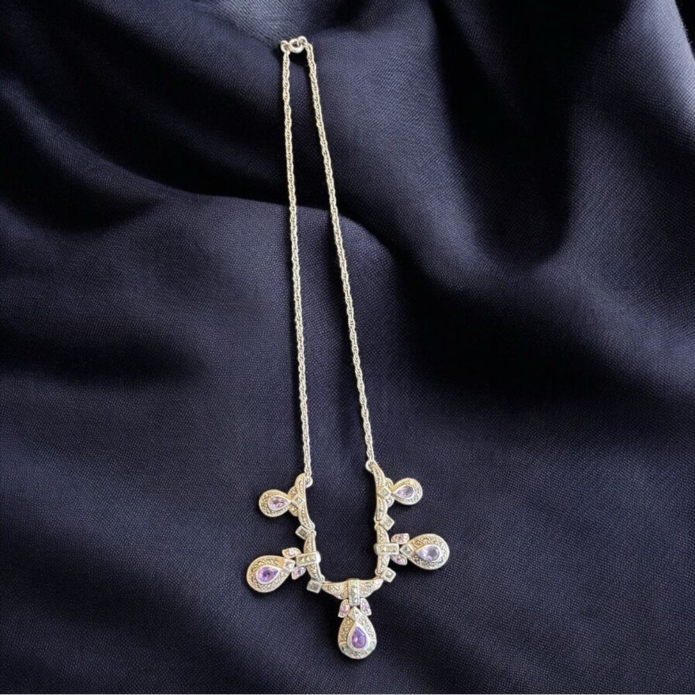 VINTAGE ART DECO STERLING SILVER, MARCASITE & AMETHYST NECKLACE - Picture 4 of 5